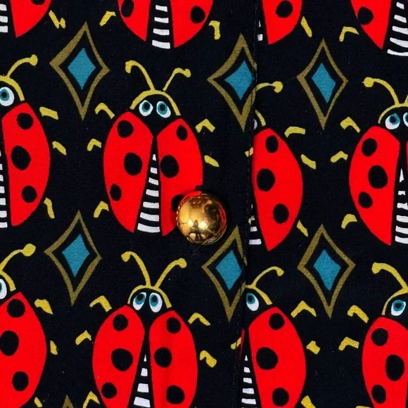 Bob Mackie Wearable Art Vintage Silk Ladybug Print Vest Black Red Gold Button M - Picture 3 of 7